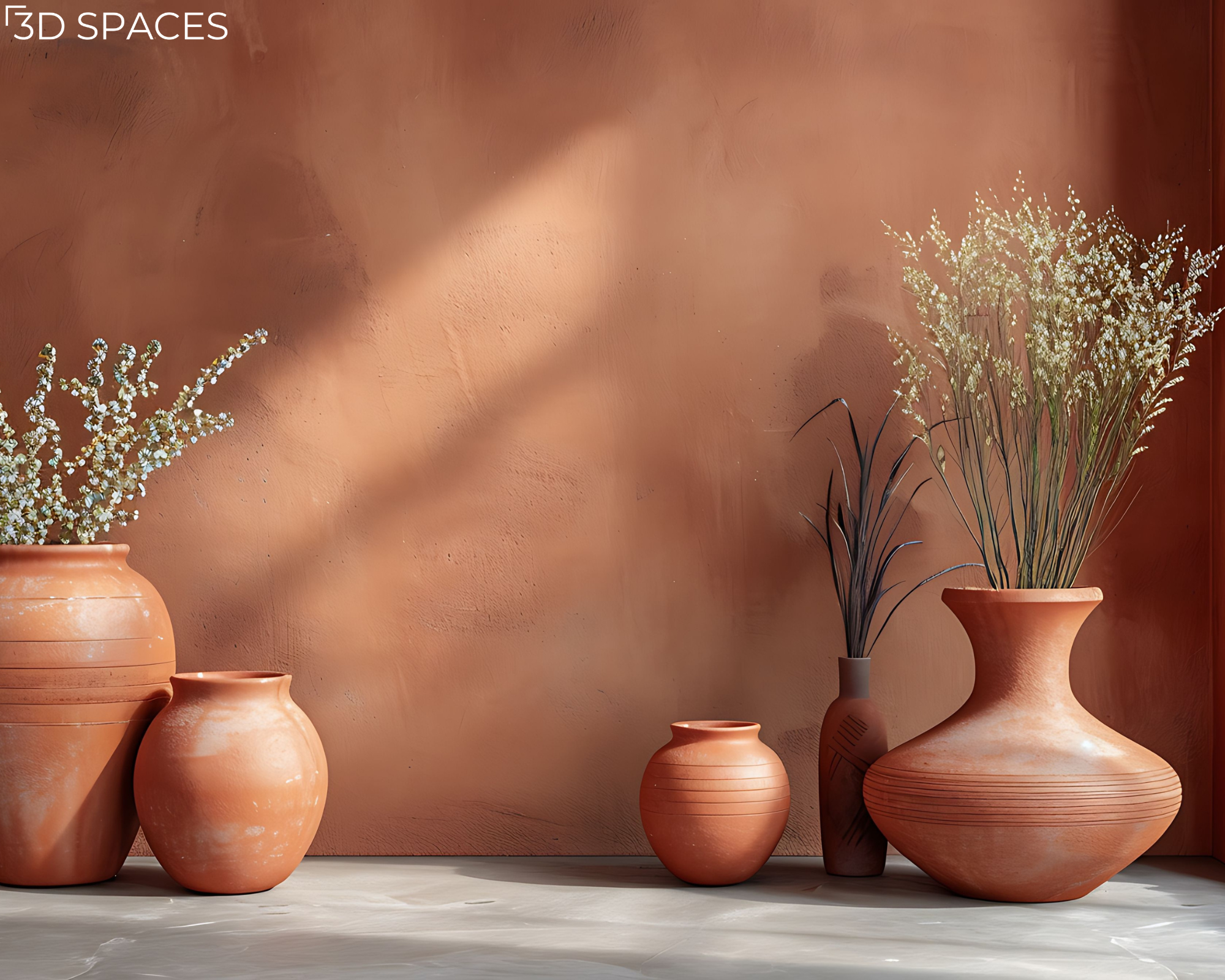 Minimalist terracotta decor pieces and earthenware pottery displayed on a floor with soft sunlight shadows.