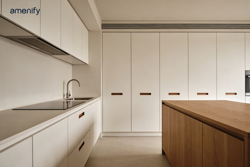 minimalist handleless kitchen cabinets with seamless push-to-open doors