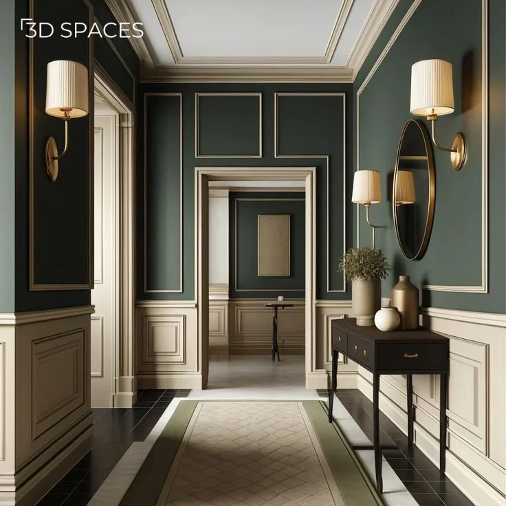A luxurious hallway with dark green wall paneling, elegant sconces, and a console table.