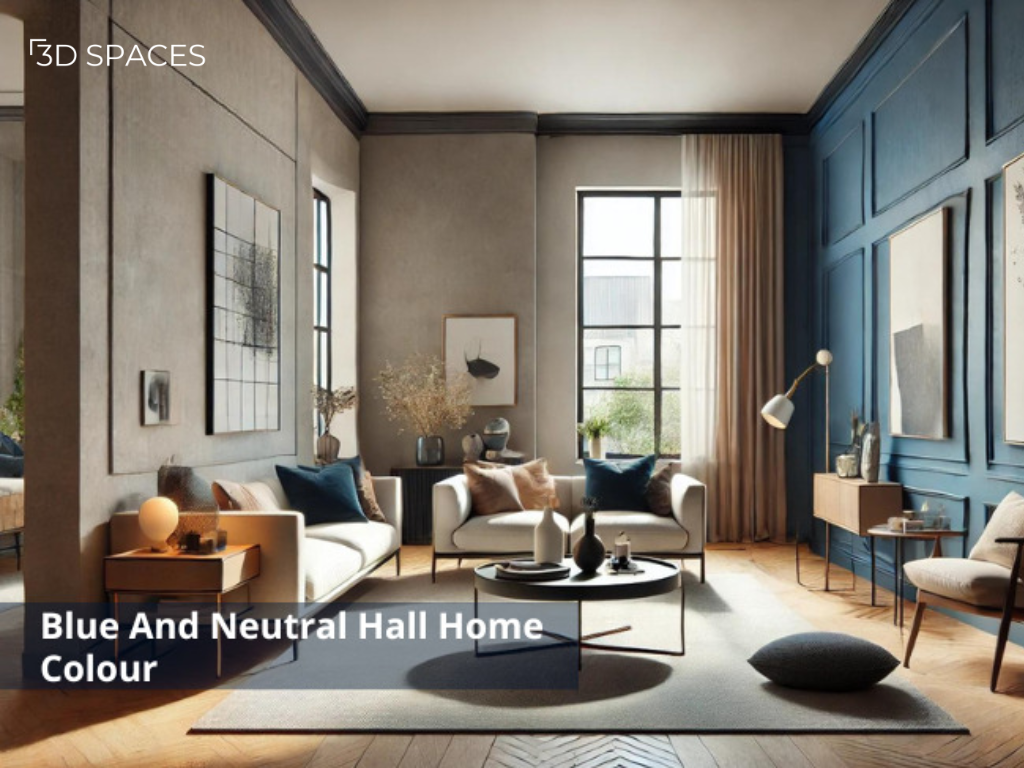 Elegant deep blue and neutral tones in a modern hall wall colour combination for a calming space.