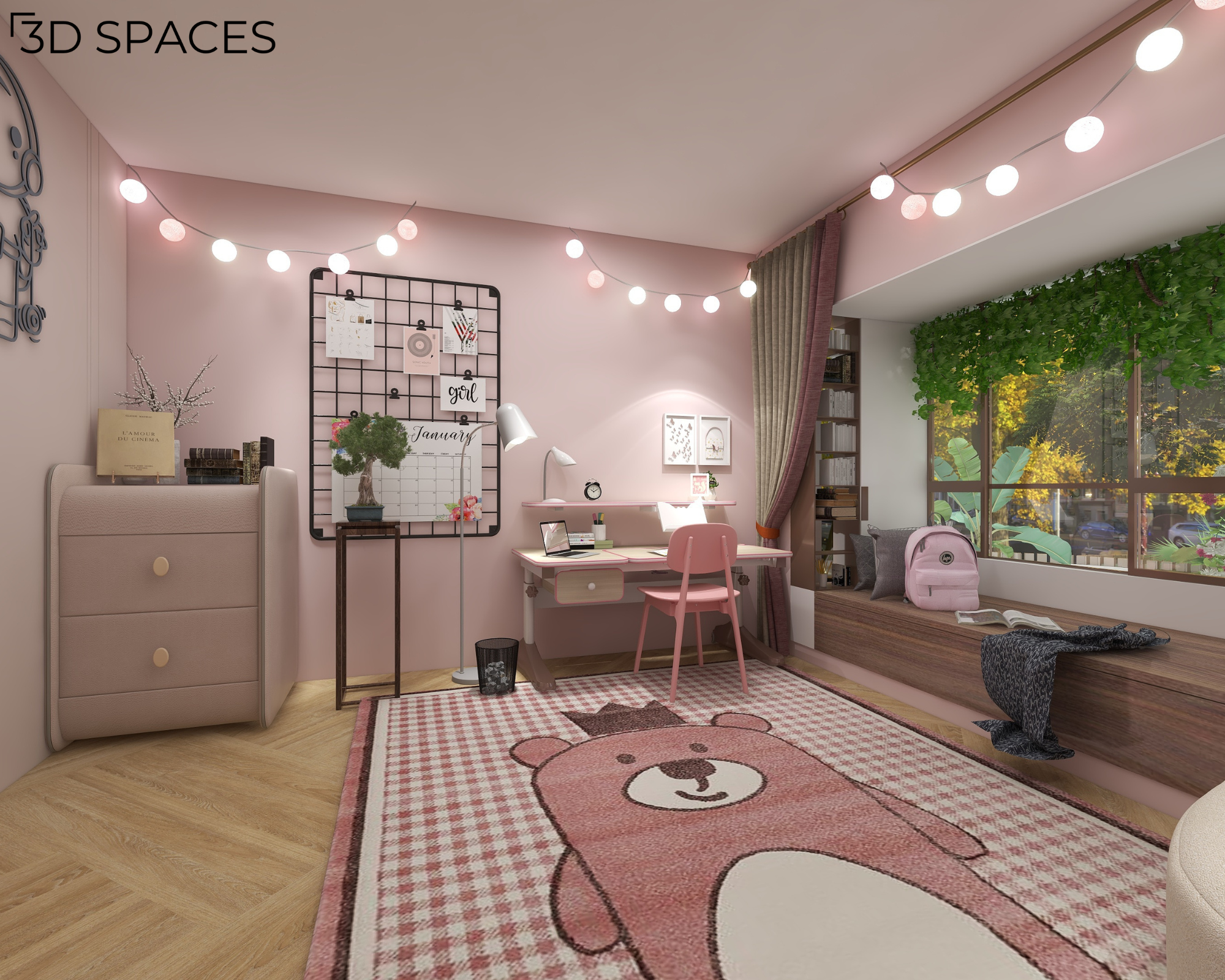 Contemporary girls' bedroom featuring pink décor, a study area, decorative fairy lights, plush rug, cozy window seating, and modern interior design.