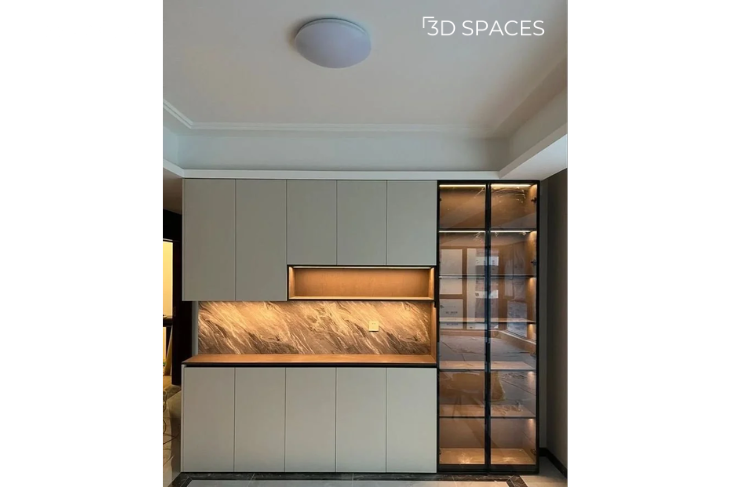 Cement cupboard integrated into a feature wall with tiles, adding dimension and style to main hall cement cupboard designs.