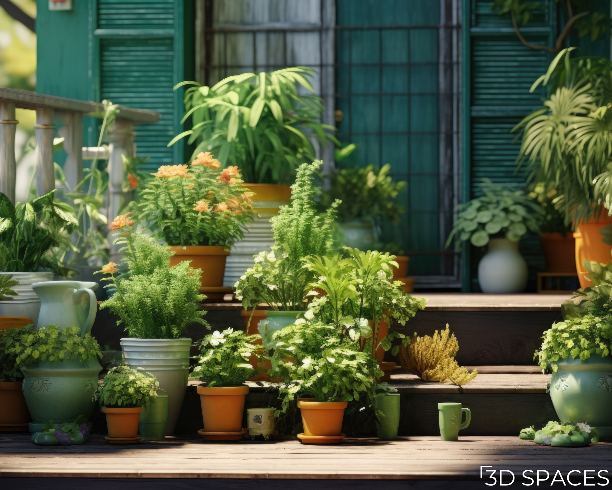 Beautiful porch garden featuring potted plants, tropical foliage, flowering plants, and decorative containers for a refreshing outdoor space.