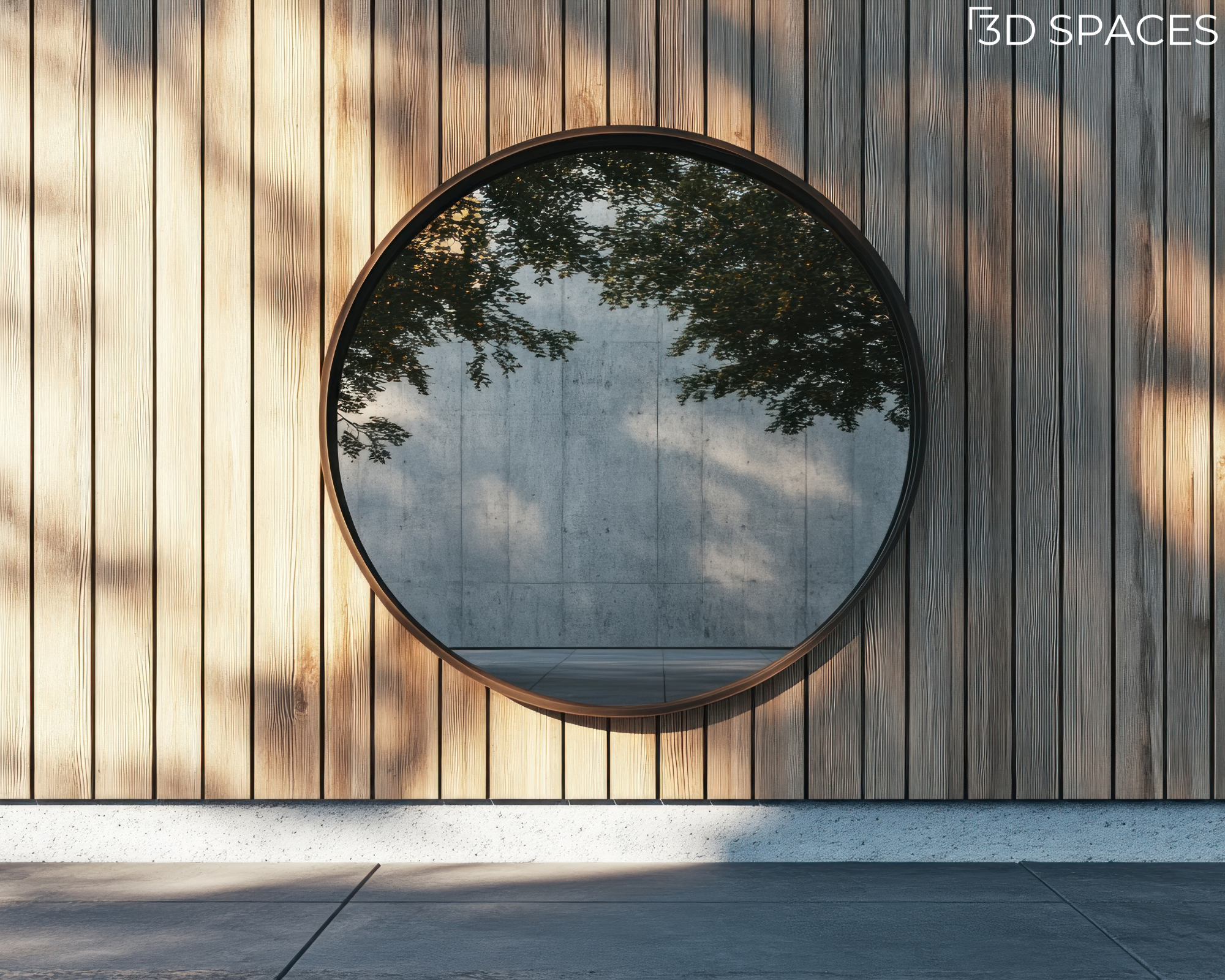 Large round outdoor mirror mounted on a vertical wood panel wall reflecting trees and a concrete courtyard.
