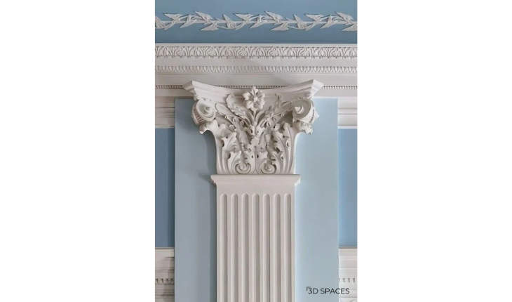 Roman-inspired cement ceiling design featuring intricate pillar carvings for a grand and timeless look.