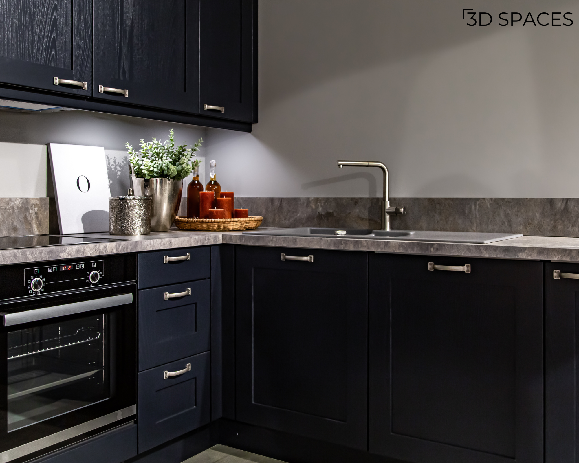 Modern dark gray kitchen cabinets with a grey stone countertop, stainless steel faucet, and built-in oven.