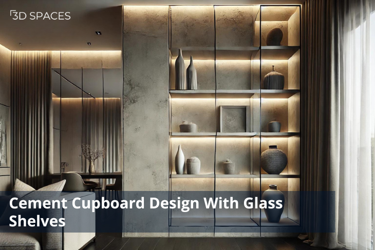 Stylish cement cupboard with glass shelves, adding an elegant touch to main hall cement cupboard designs.