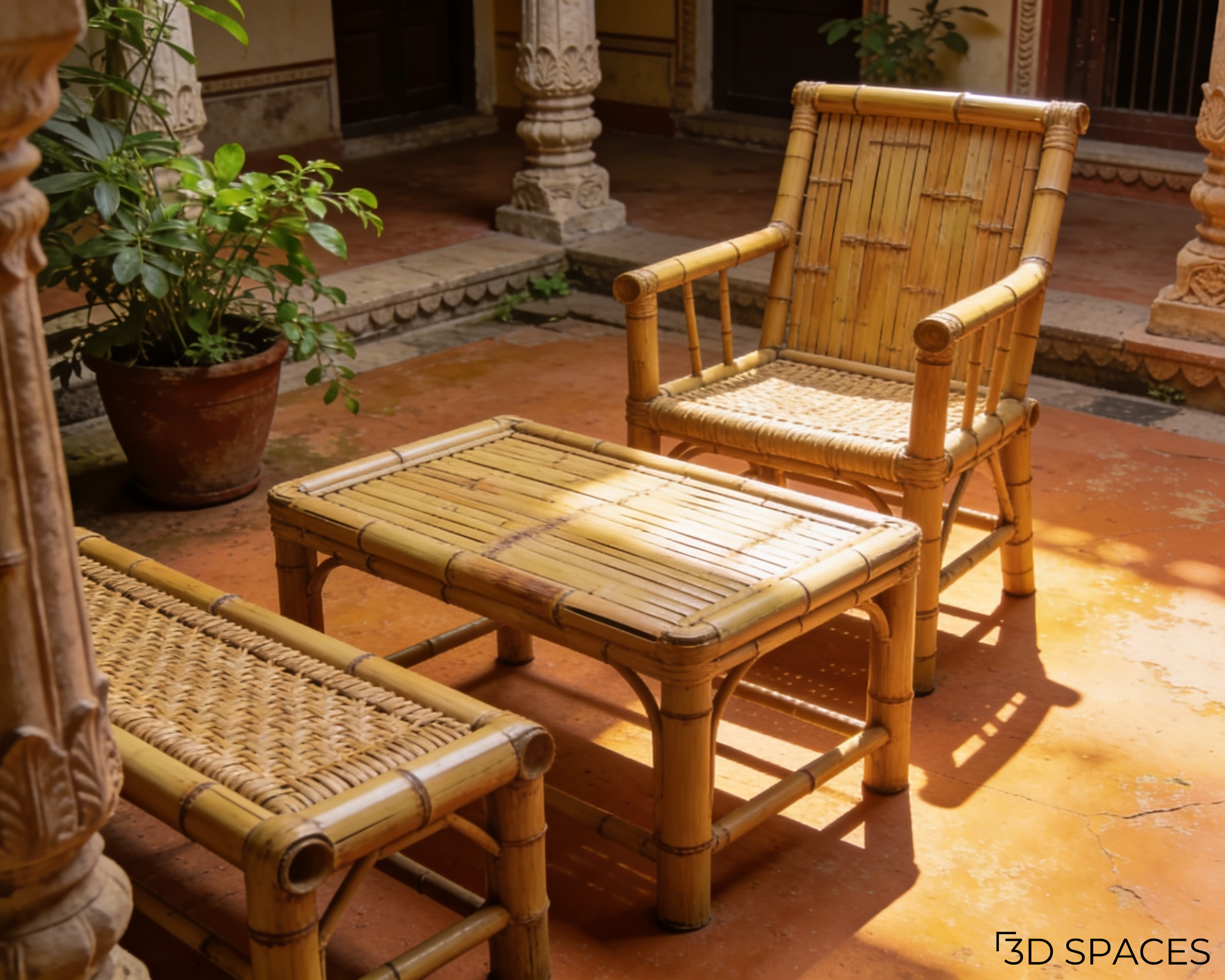 Natural bamboo and woven cane outdoor furniture set including an armchair and coffee table in a sunny traditional courtyard.