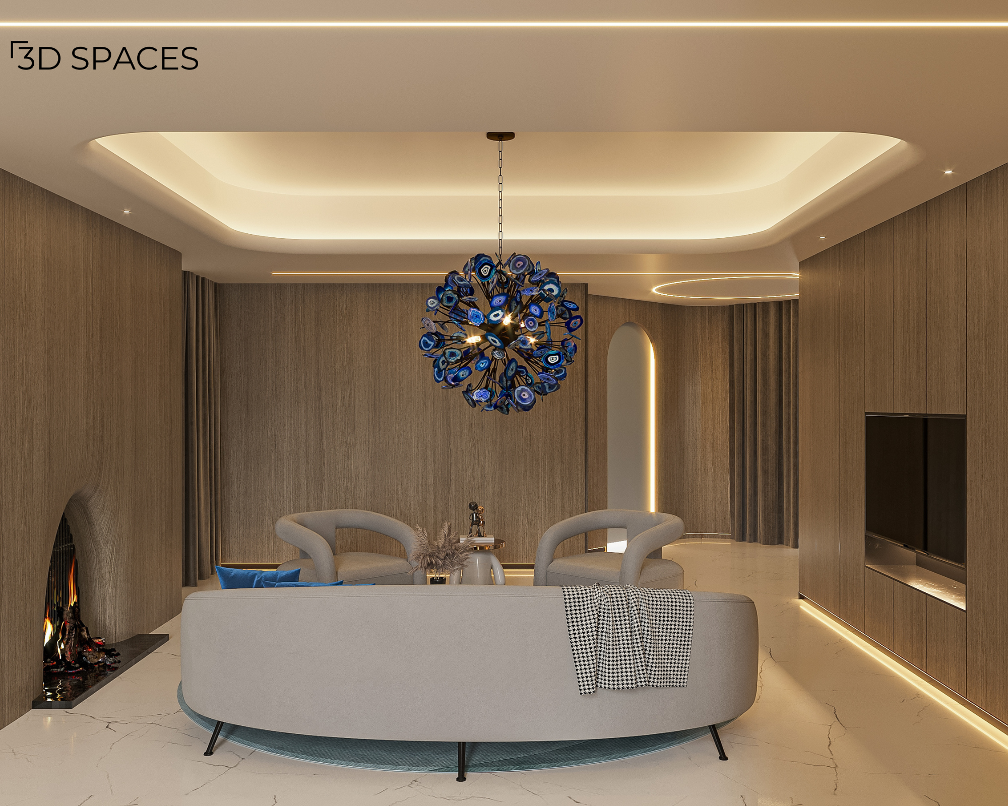 Modern false ceiling design with soft rounded corners and hidden cove lighting illuminating a luxury wood-paneled living room.