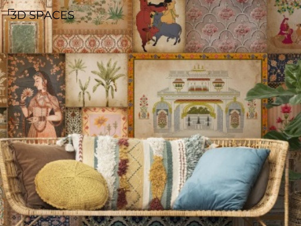 Traditional Indian wallpaper design featuring Mughal art, floral motifs, heritage architecture, and vintage-inspired living room décor.