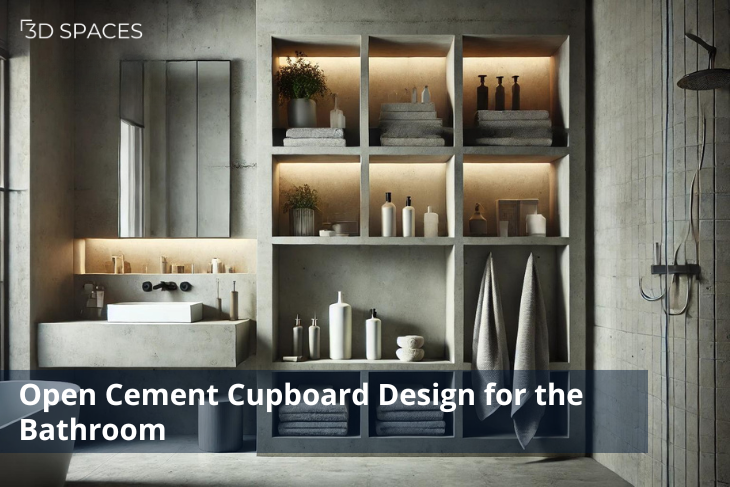 Open cement cupboard design for the bathroom, showcasing practicality and style in cement shelves design.