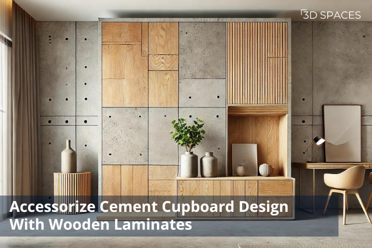 Cement cupboard design accessorized with wooden laminates, adding warmth and texture, ideal for enhancing main hall cement cupboard designs.