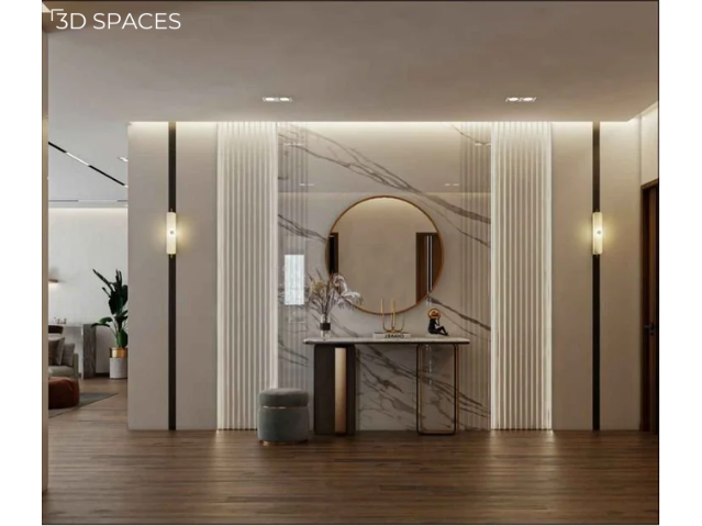Stylish mirror wall and lighting ideas in a passageway, enhancing space in a minimalist passage area.