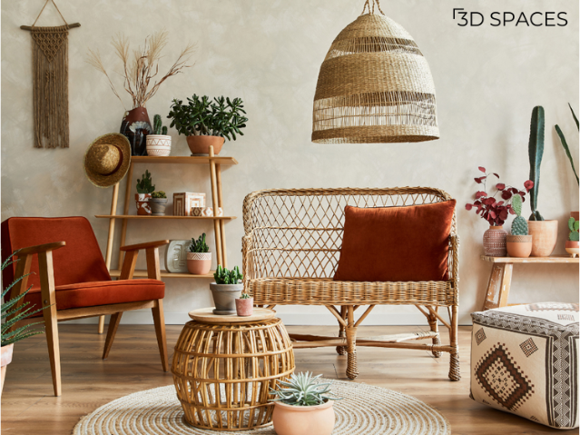 Modern bohemian living room design with rattan furniture, wicker pendant light, indoor plants, and natural home décor.
