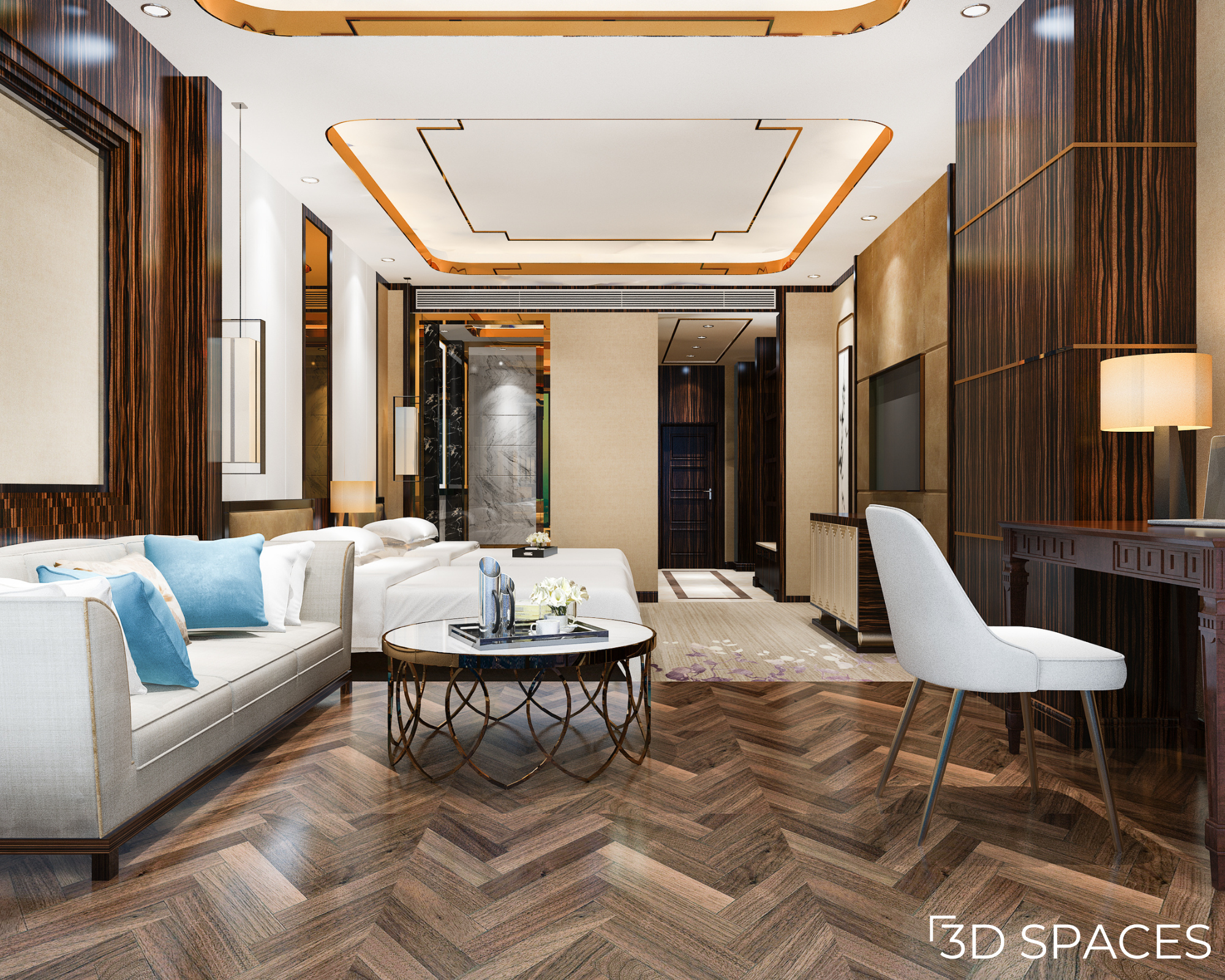 Luxury bedroom interior design by a top interior design company in Delhi featuring chevron wooden flooring and tray ceilings.