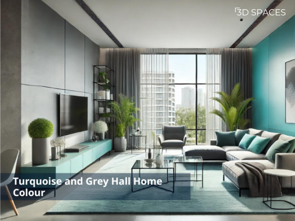 Sleek turquoise and grey hall wall colour combination for a modern living room design.