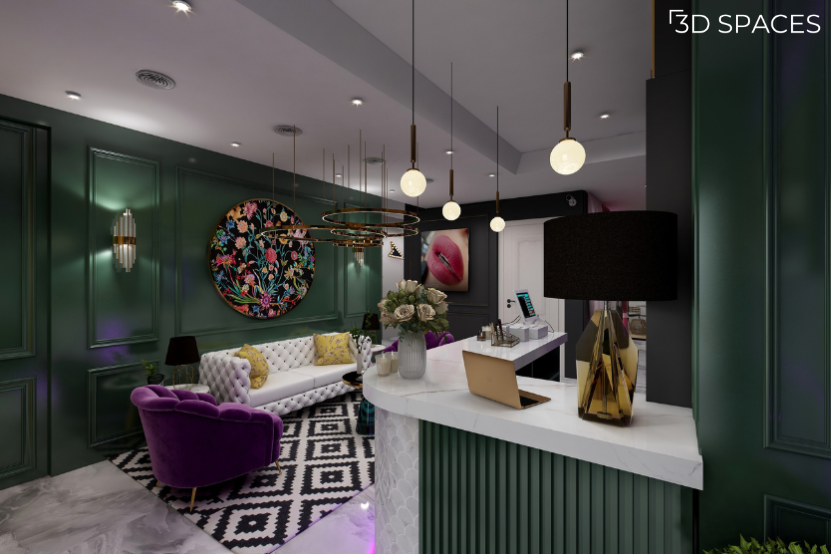 Luxury reception interior design with green walls, modern lighting, elegant waiting lounge, and premium reception desk by 3D Spaces.