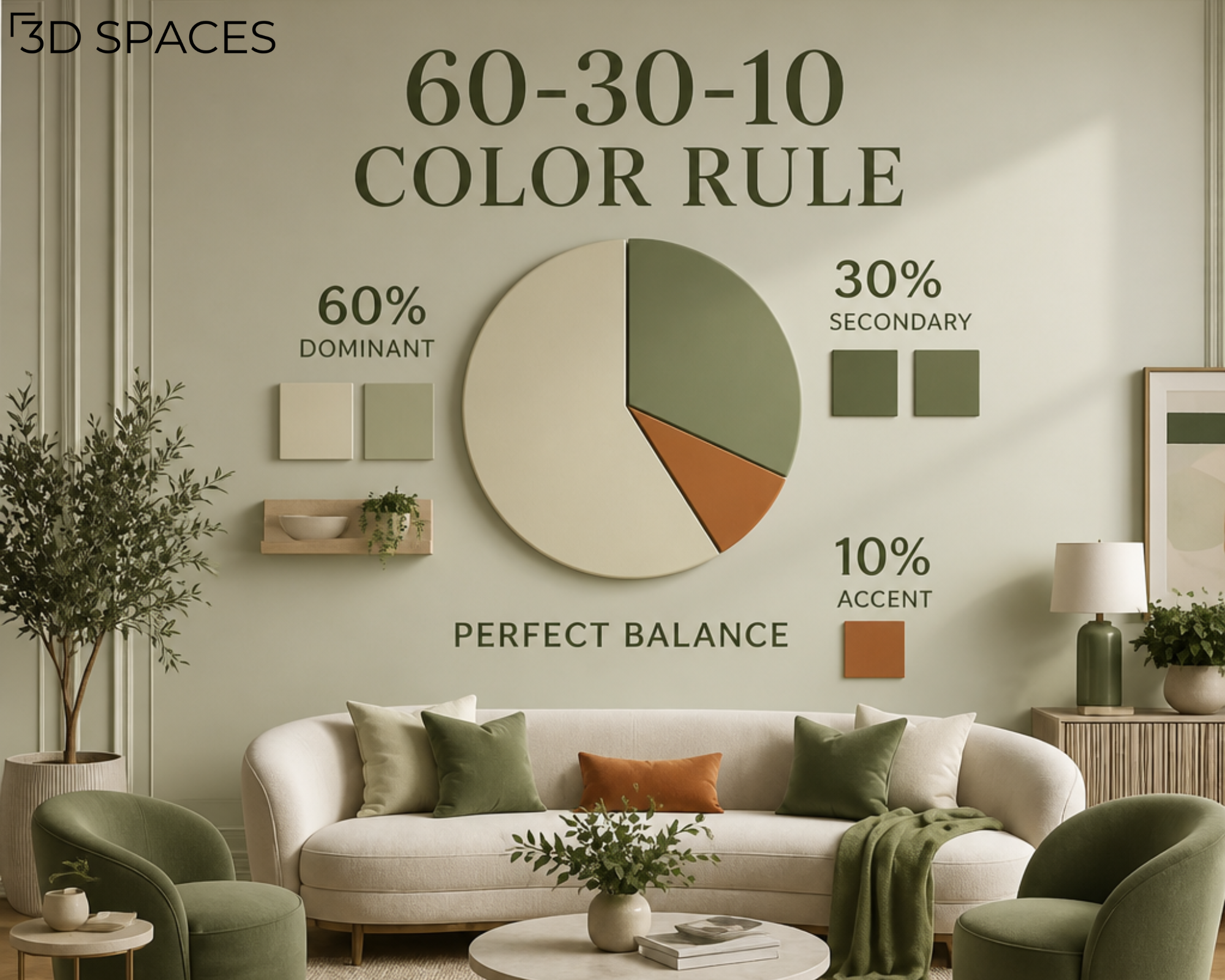 60-30-10 color rule infographic showing how to balance dominant, secondary, and accent colors in a modern living room interior design.