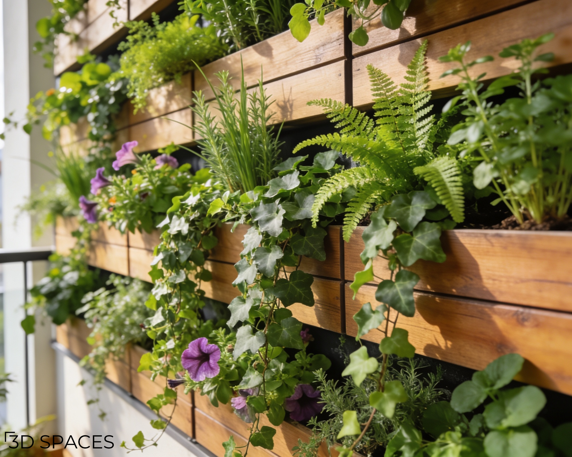 Lush living vertical garden wall made of wooden planter boxes filled with cascading ivy, ferns, and purple flowers on a balcony.