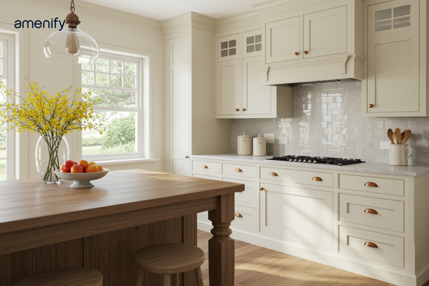 classic white luxury kitchen cabinets in a bright and neutral interior