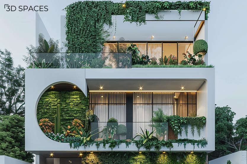 Contemporary luxury home featuring rooftop terrace garden, lush vertical landscaping, glass railings, and modern architecture.