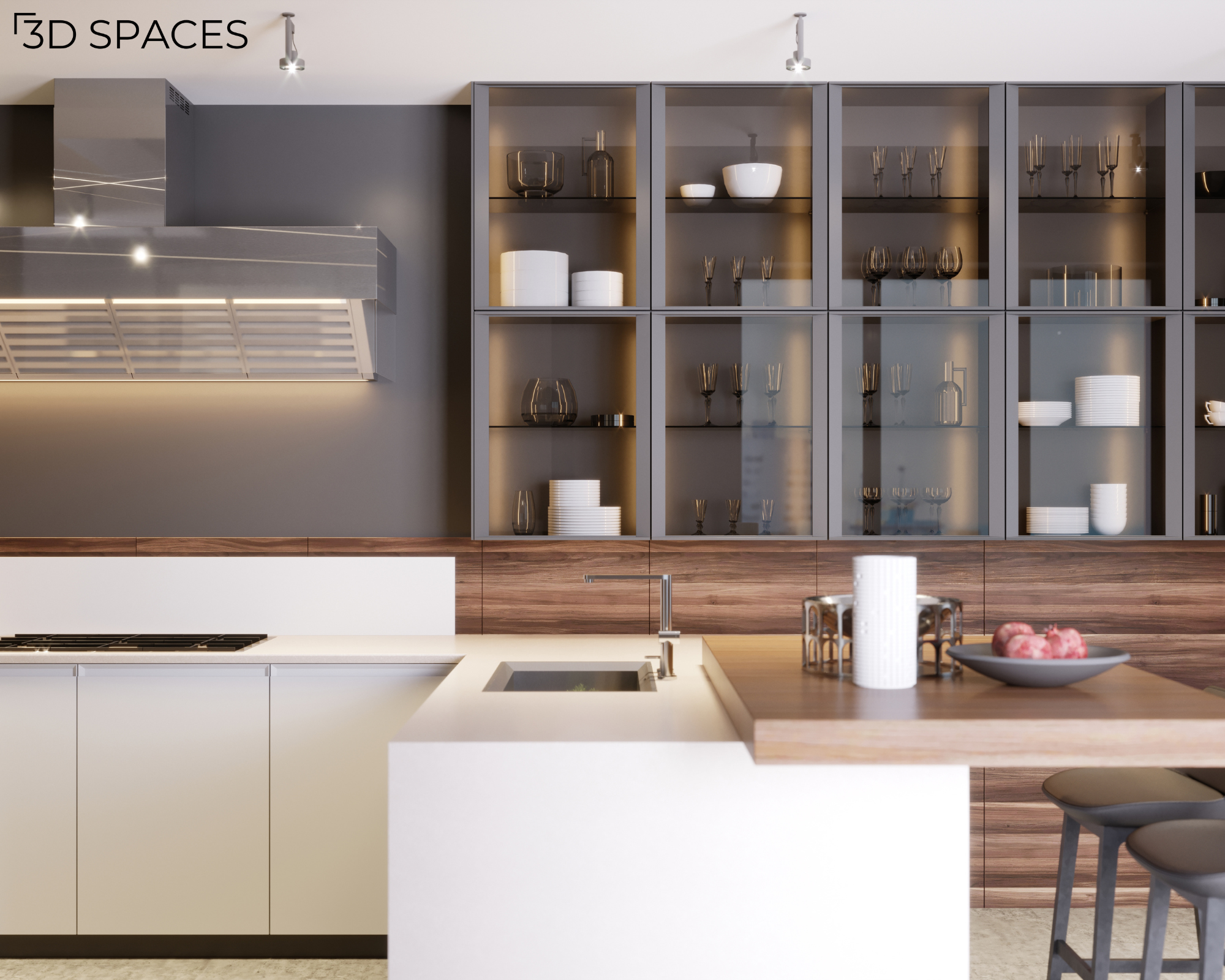 modern glass-front kitchen cabinets with built-in LED interior lighting