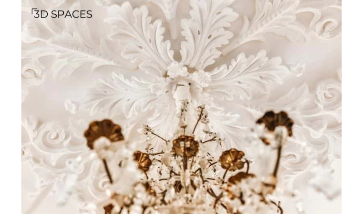 Decorative medallion cement ceiling design surrounding a light fixture for added elegance and depth.