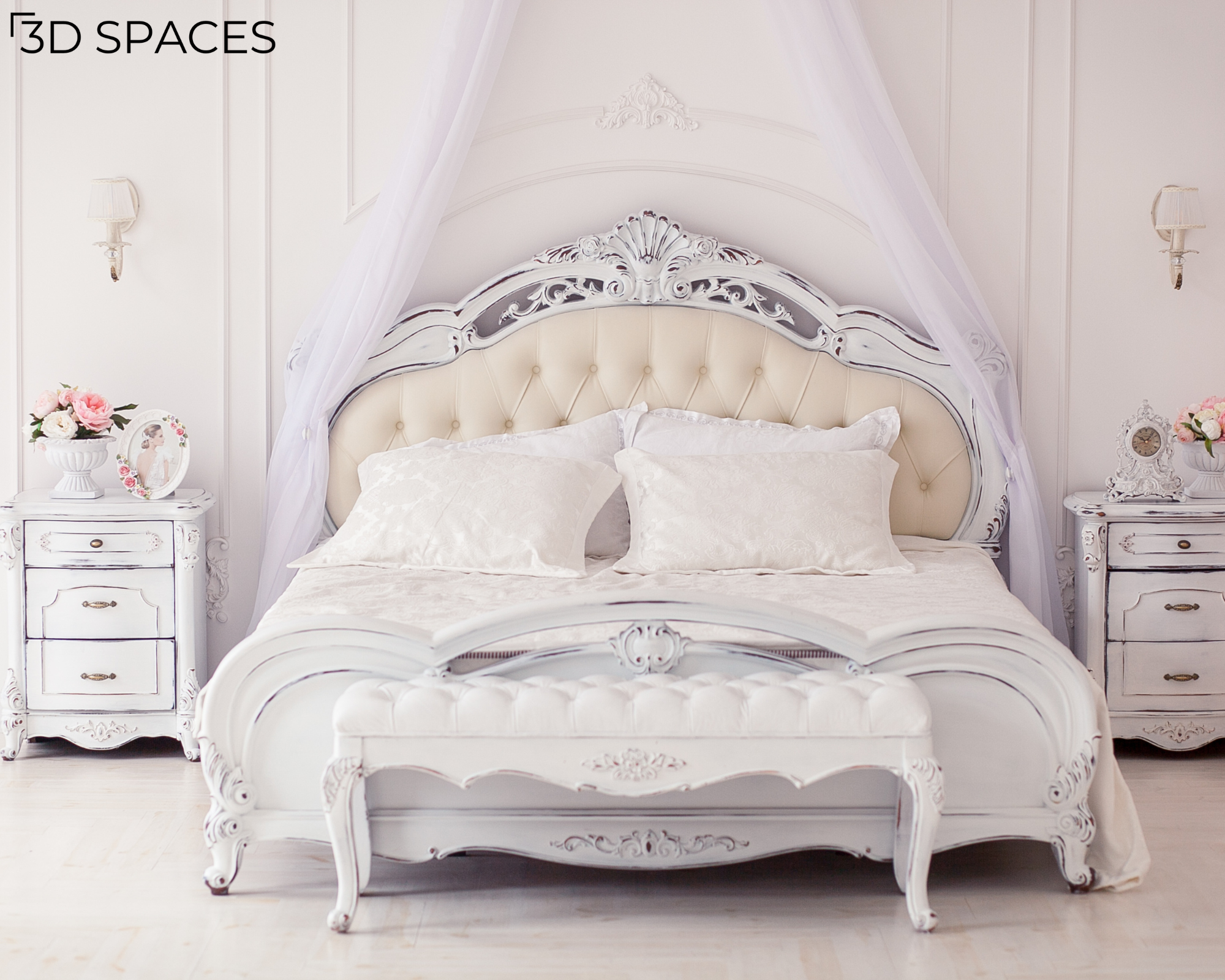 Luxury classic bedroom interior featuring an antique white bed with tufted headboard, carved furniture, canopy drapes, and elegant bedside tables.