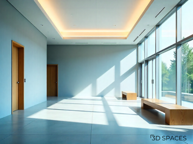 Minimalist lobby false ceiling design with LED cove lighting, large windows, and modern commercial interior.