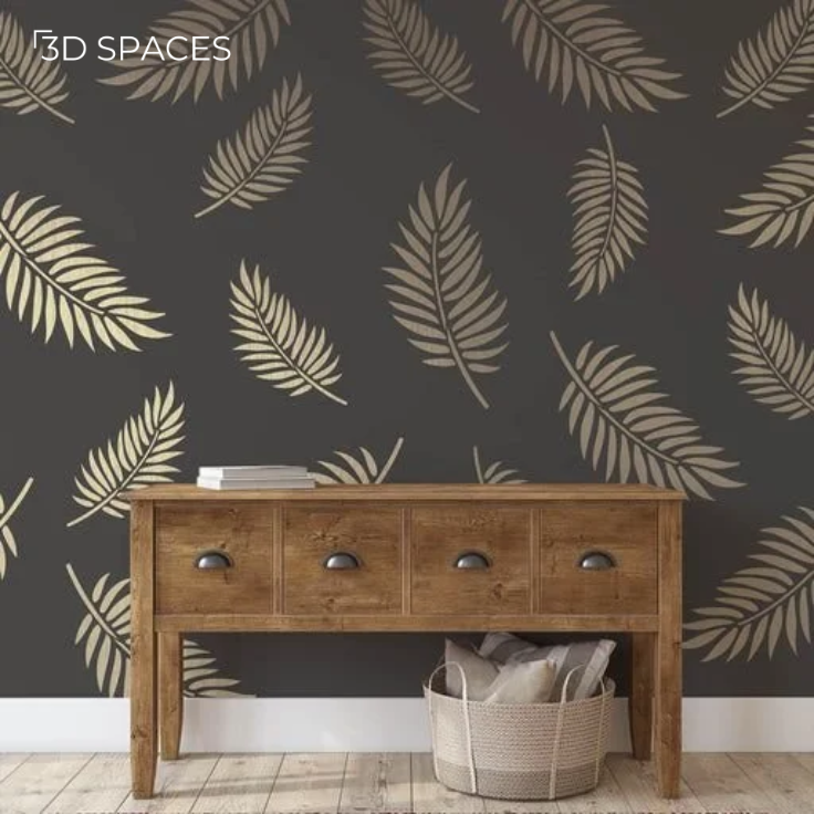 A dark accent wall with gold leaf-patterned wallpaper and a rustic wooden console.
