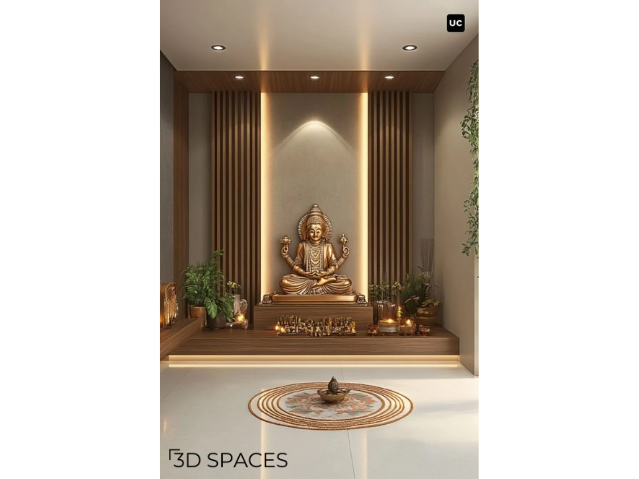 A pooja room showcasing a mix of traditional marble carvings and modern lighting.