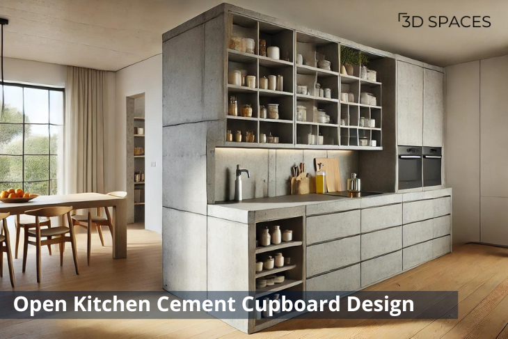Functional cement cupboard design for the kitchen, is designed to make ample room for all kitchen supplies and essentials.