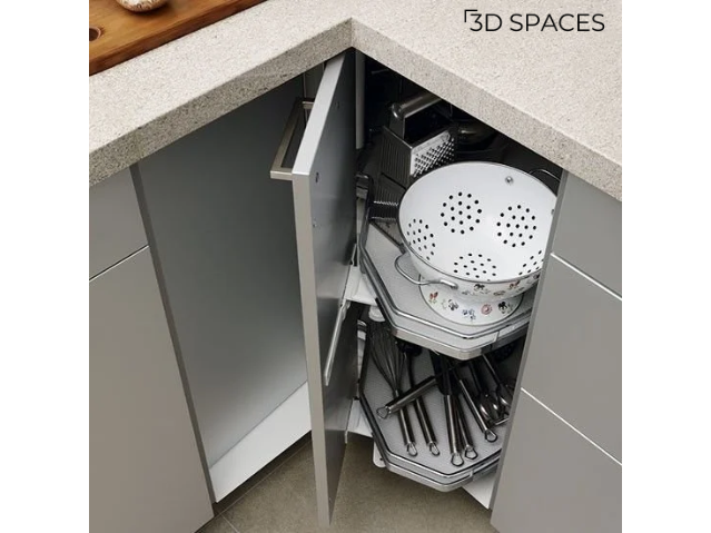 Corner kitchen trolley with rotating shelves for efficient use of corner space and easy access to kitchen items