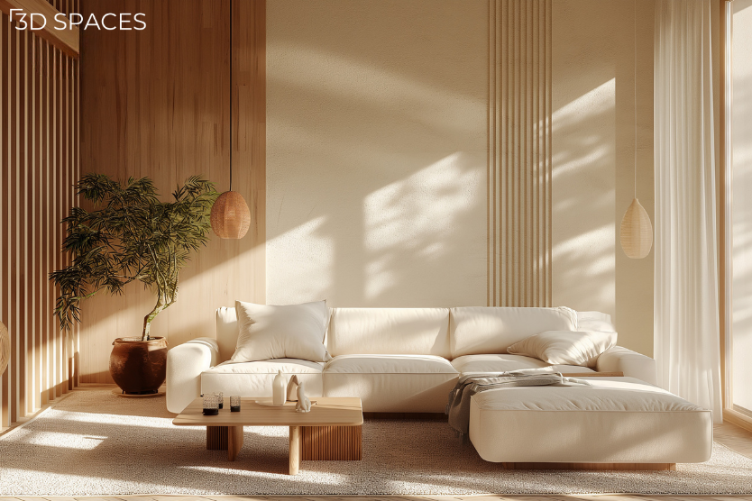warm minimalist interior design with neutral tones and cozy textures