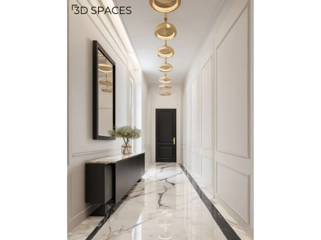 Elegant passage wall design with a large mirror, modern lighting, and polished marble flooring, offering a refined look to this foyer area with a timeless aesthetic.