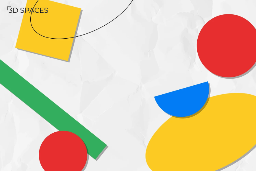 Colorful abstract geometric shapes with circles, rectangles, and curved patterns on a white background