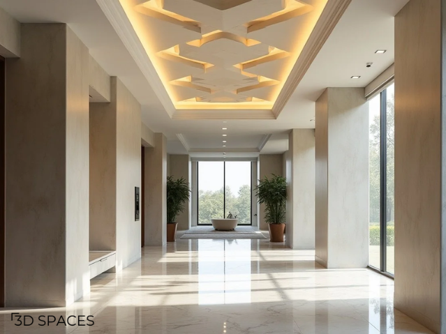 Elegant POP false ceiling design for lobby with geometric pattern, LED cove lighting, and luxury interior.