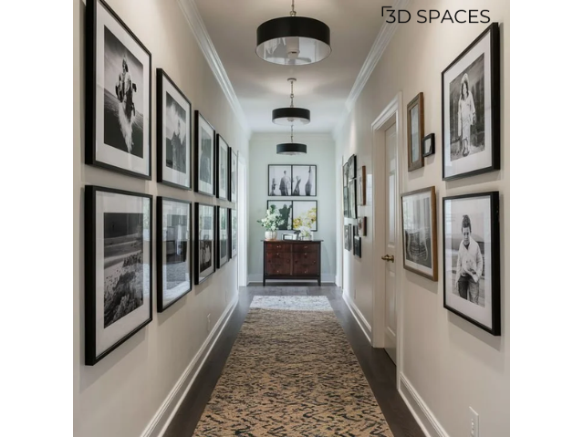 A memory-filled passage featuring family photographs and artwork in a passageway, adding warmth and character to the space.