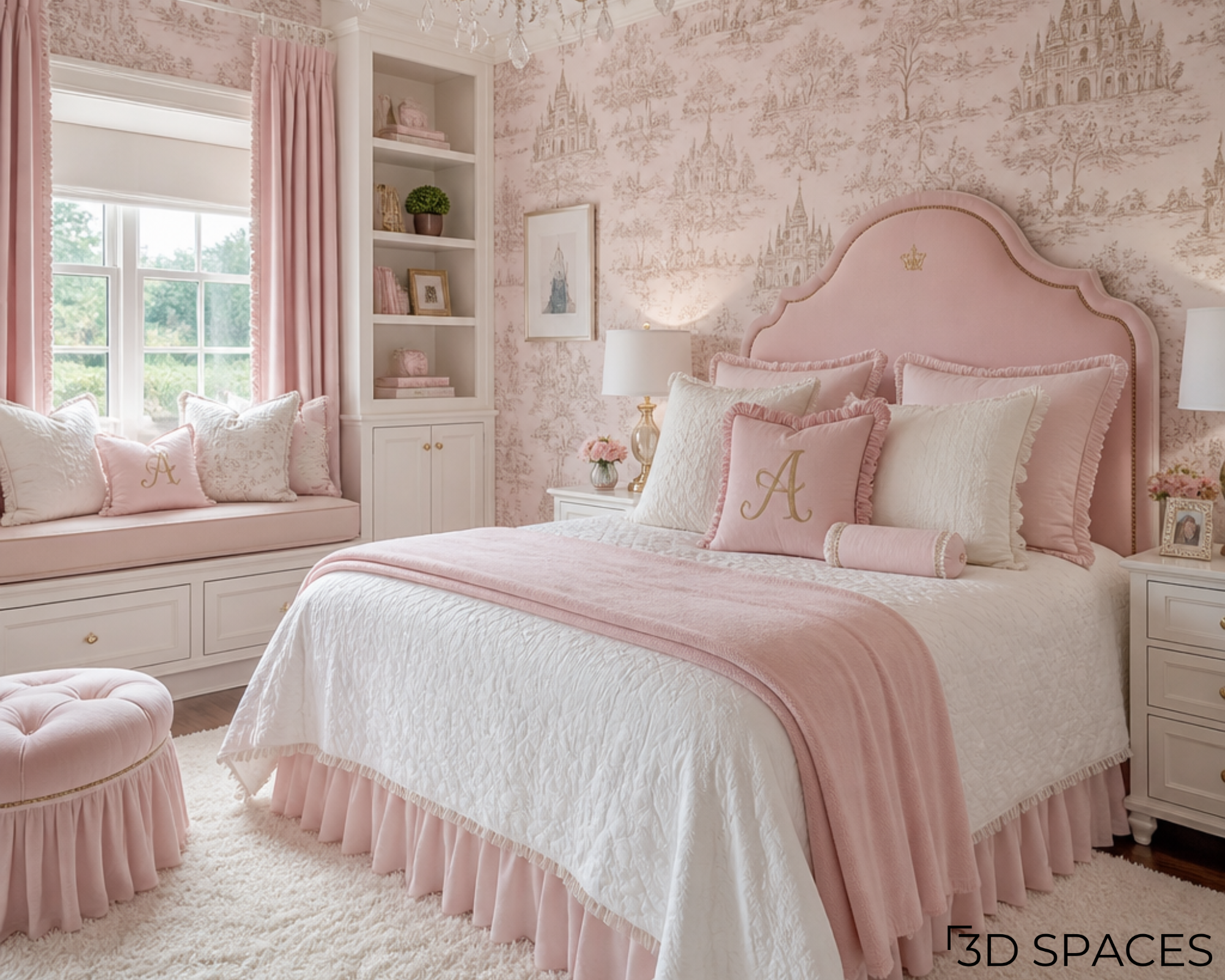 Luxury blush pink princess-themed bedroom with upholstered headboard, castle wallpaper, built-in window seating, white bedding, and elegant décor by 3D Spaces.