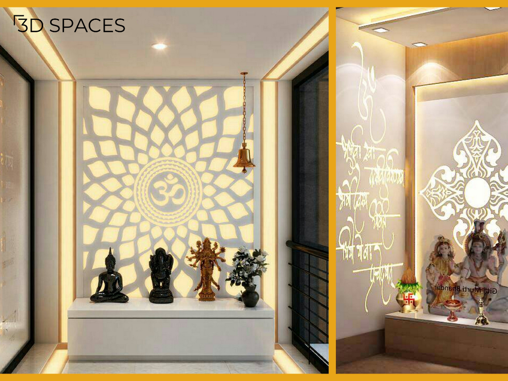Modern home pooja room design with backlit Om wall panel, decorative mandir, and Vastu-inspired prayer space for Indian homes.