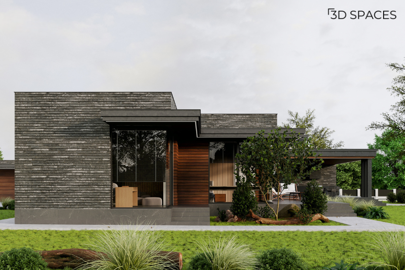 Contemporary home exterior featuring stone wall cladding, wooden façade, large glass windows, and landscaped front yard.