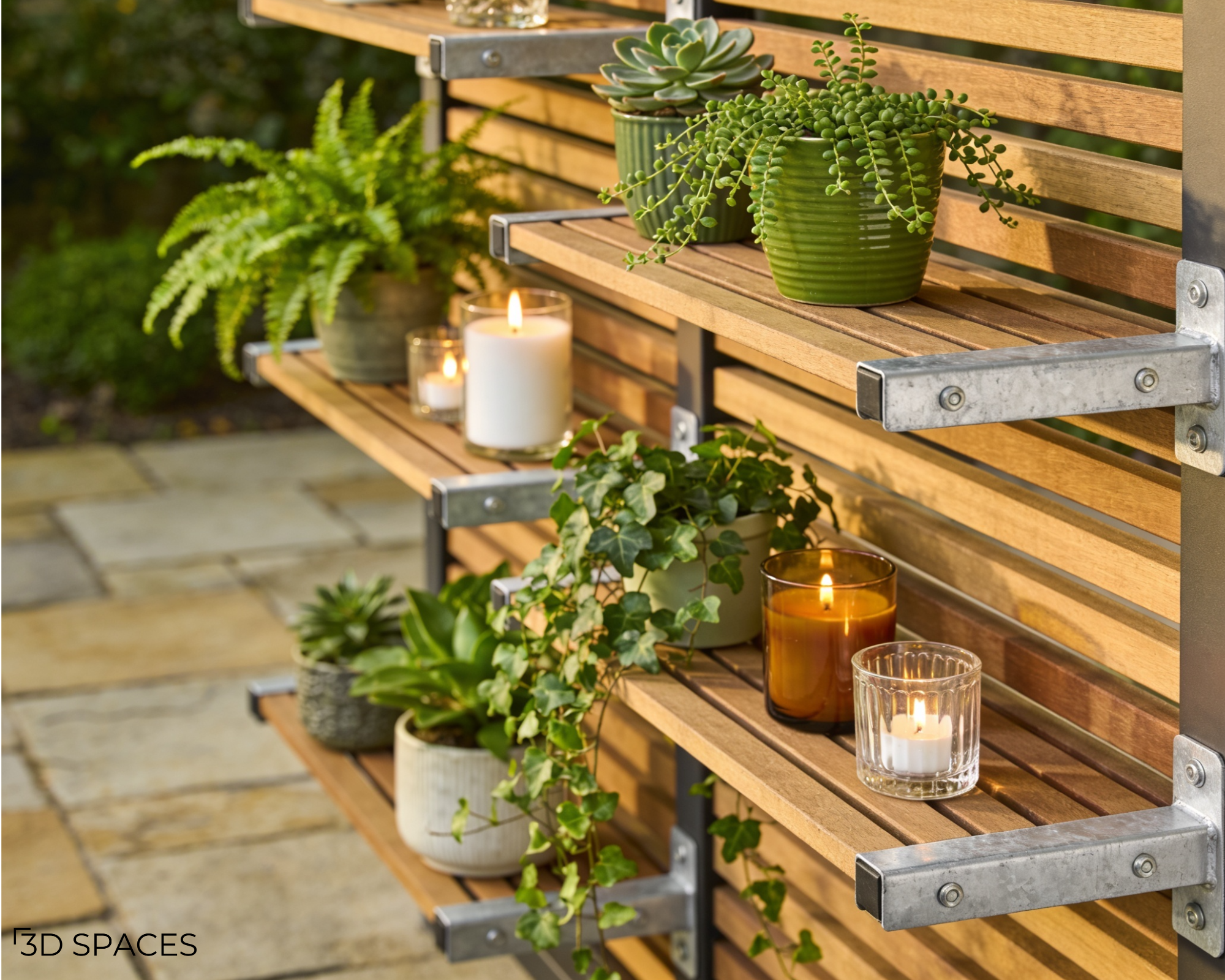 Tiered outdoor wooden shelves mounted with metal brackets on a slat wall, decorated with potted plants and lit candles.