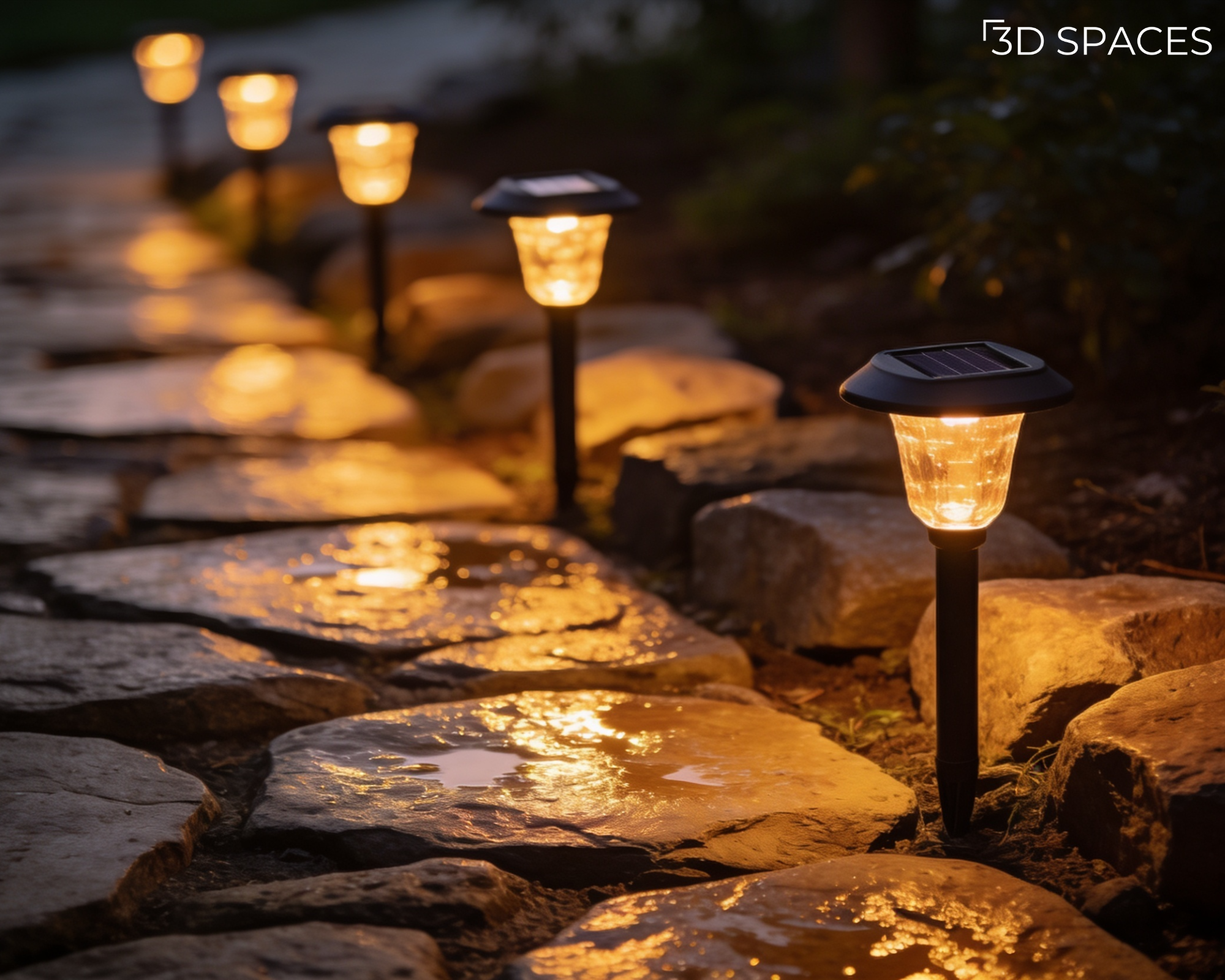 Row of warm solar garden stake lights illuminating a wet stone flagstone pathway at night.