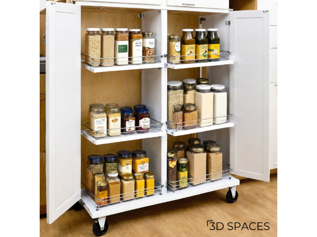 Double pantry kitchen trolley with multiple shelves for organized storage, perfect for storing jars and containers.