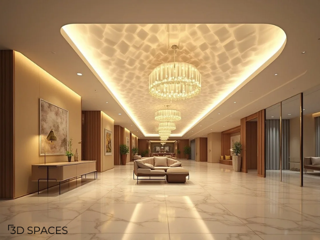 Luxury lobby false ceiling design with chandeliers, LED cove lighting, and elegant marble flooring.