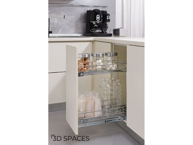 Pull-out kitchen trolley with wire baskets for storing spices and jars, maximizing storage in a small kitchen