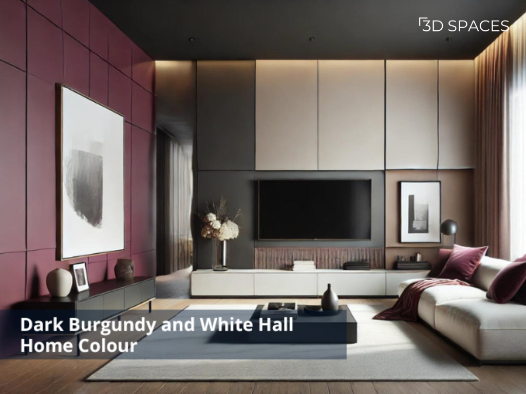 Luxurious hall wall colour combination with dark burgundy and white for a refined living room.