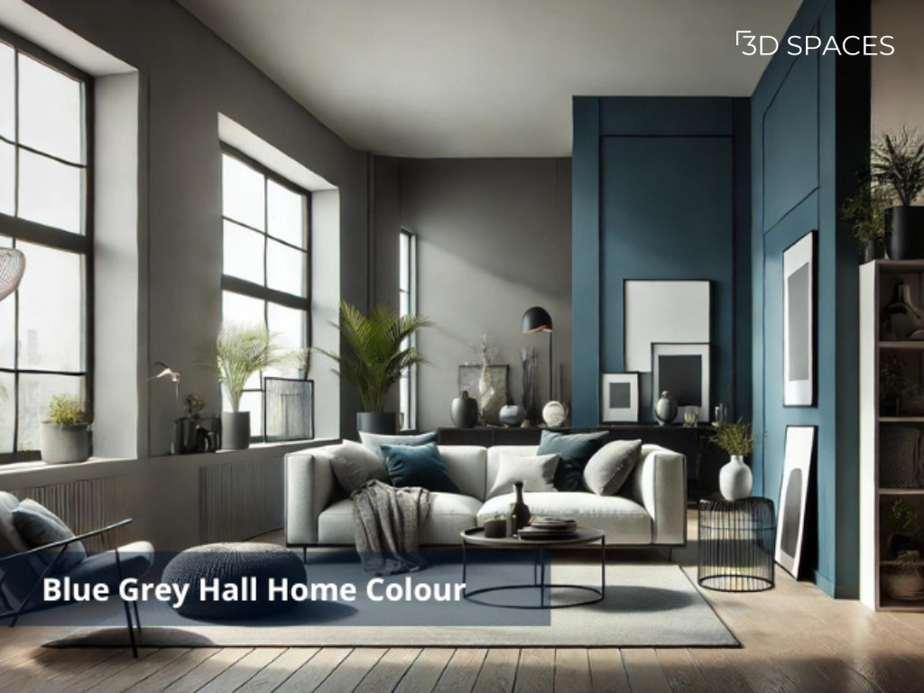 Modern hall wall colour combination featuring grey and deep blue for a sophisticated living room design.