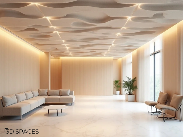 Luxury lobby false ceiling design with artistic 3D POP pattern, LED lighting, and modern minimalist interiors.