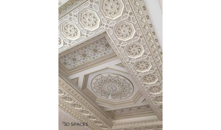 Traditional cement ceiling design with intricate floral and geometric patterns for elegant luxury home interiors.
